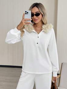 Easowa Women's White Long Sleeve Faux Fur Trim Hooded Sweatshirt,Autumn Casual Everyday Button Up Blouse Top For Fall Winter Chic Cozy Soft Detailing - White - View 5
