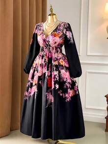 SHEIN Clasi 大码女式优雅浪漫大花荷叶边泡泡袖松紧腰长裙，春秋长袖褶皱花卉装饰扭腰收腰长裙 - 酒紅色 - 查看 1