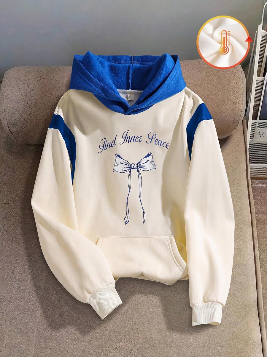 SHEIN Mädchen Lässig Pullover Sweatshirt mit Schleife & Kontrastfarbdruck, bequem für den täglichen Gebrauch, Herbst/Winter - Verschiedenfarbig - Übersicht 1