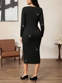 Zelara Plus Size Women Rhinestone Embellished Solid Color Round Neck Long Sleeve Fitted Elegant Dress - Black - View 6