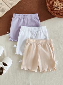 SHEIN Vintaside Kids 3件套女婴0-3岁春夏新款休闲运动弹力罗纹针织柔软柔和色调三件套修身短裤，适合居家和户外穿着 - 彩色 - 查看 2