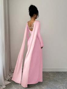 Elenzga 缎带、露背、珍珠装饰、多层链条、灯笼袖、收腰、鱼尾裙摆、开衩、弹力面料、紧身、派对、节日、优雅、性感、长裙 - 粉色 - 查看 3