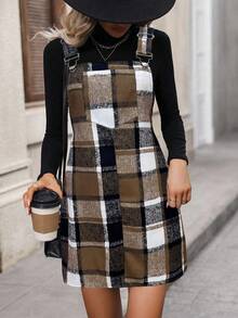 SHEIN LUNE Vestido corto con bolsillo y estampado de cuadros para mujer, otoño/invierno - Multicolor - Ver 3