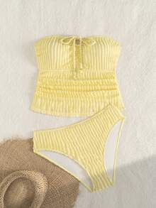 Swim Vcay Plain Textured Swimsuit For Women With Ruched Tummy, Drawstring Bust, Bandeau - Yellow - View 6