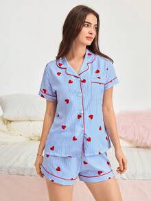 Bonmuse Conjunto de pijama de top de manga corta con estampado de rayas y corazones y shorts para mujer, color azul claro fresco - Azul - Ver 4