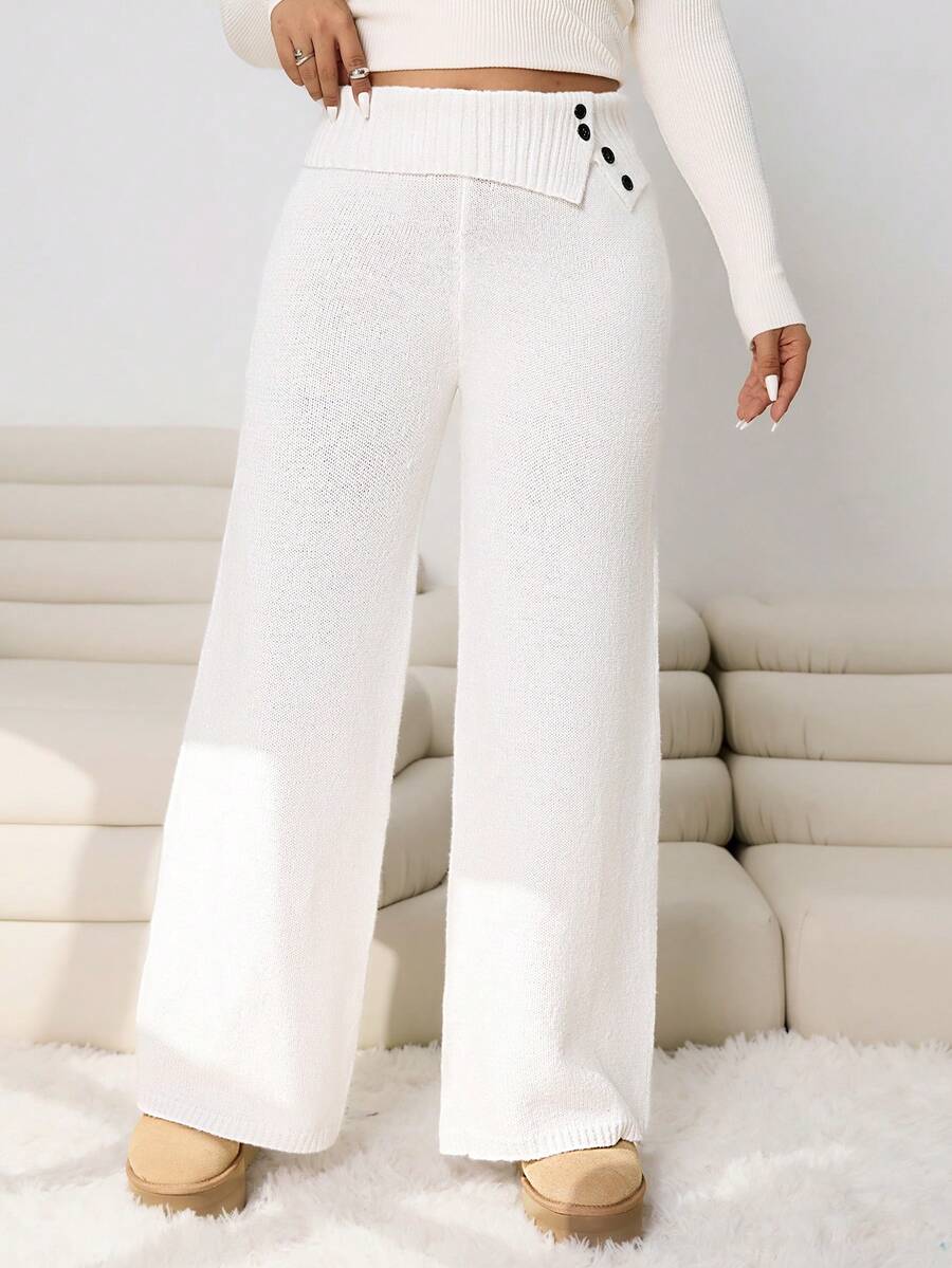 Solflare Plus Size Women's Loose Fit Wide Leg Sweater Pants/Winter - White - View 1