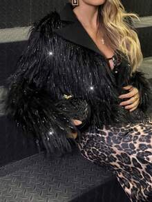 Elyressa 女士翻领长袖亮面仿皮草时尚外套