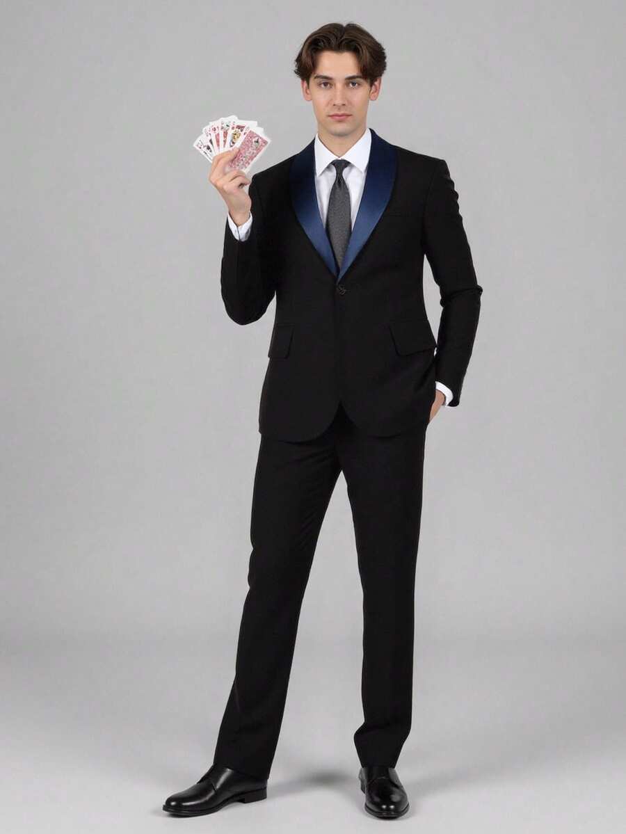 SHEIN Conjunto de 2 peças para adolescente, elegante e casual, composto por blazer preto slim fit de camada única com gola azul e calça social preta. Ideal para festas de aniversário, galas, apresentações, eventos, casamentos, para convidados e como pajem ou dama de honra.