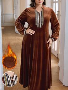 Al Najma Plus Size Women Elegant Vintage Ribbon Decor Arabic Style Velvet  Dress Dress Modest Winter/Fall - Coffee Brown - View 1