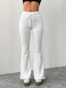 SHEIN PETITE Women's Casual Gray Knitted Elastic Waist Flared Sweatpants Wide Leg Sweatpants White Beach Pants Women White Pants White Sweat Pants White Flare Pants