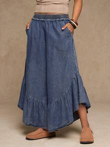 Freevana Pantalon ample casual avec taille élastique, poches et volants à l'ourlet pour femmes grandes tailles. Jeans casual avec volants bohème pour femmes, style occidental - Bleu ciel - Voir 6