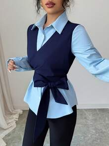 Resyla Women's Spring/Autumn Blue Contrast Color 2 In 1 Tie-Less Fitted Casual Commuter Daily Long Sleeve Shirt Tie Up Shirt Bow Shirt Women Blouses Elegant Navy Blue Blouse Professional Blouse - Blue - View 5