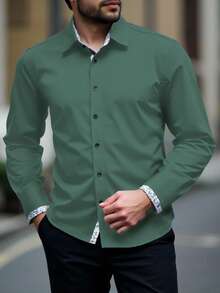 Manfinity Homme 男士加大码休闲通勤印花拼接衬衫，秋季绿色休闲纽扣衬衫，奢华衬衫 - 綠色 - 查看 3