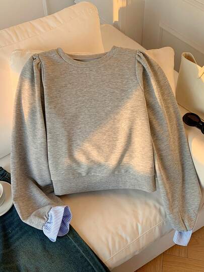 Comfortcana Women's Crew Neck Striped Cuff Loose Casual Sweatshirt