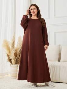 Lacomfia Knitted Ribbed Fleece Brown/Camel Casual Everyday Loose Fit Long Sleeve Dress, Relaxed Style For Plus Size Women - Brown - View 5
