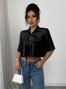 Selianne Blouse élégante pour femmes, couleur unie, avec ourlet plissé et nœud papillon - Noir - Voir 3