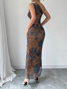 Elenzga Váy dạ hội sang trọng dành cho nữ, cổ lệch in họa tiết tie-dye, không tay gợi cảm - Xám Xanh - Xem 2