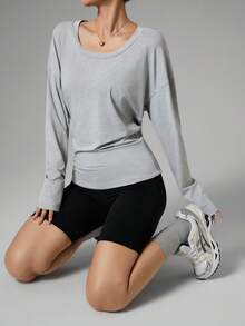Dewbera Dewbera Women's Grey U-Neck Long Sleeve Fitted Casual Sports Yoga T-Shirt,Autumn Athleisure Pilates Upf Shirt,Daily Wear Work Tops Gym Blouse - Grey - View 7