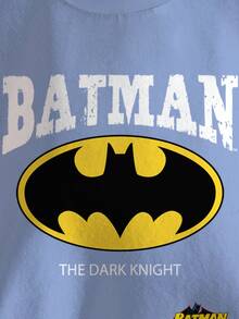 BATMAN X SHEIN 年轻男孩秋冬休闲蝙蝠标志和字母图案撞色条纹落肩保暖套头衫 - 白色 - 查看 6