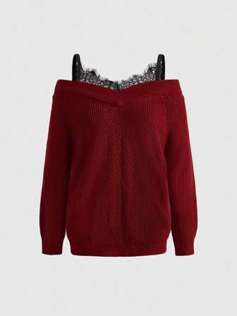 Maglione lavorato a maglia ampio e sexy con spalle scoperte e pizzo a contrasto per le donne