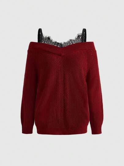 Élégant pull ample en tricot avec contraste de dentelle épaules dénudées pour femmes