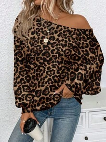 EMERY ROSE Women's Casual Off-Shoulder Sweater, Leopard Print, Elegant, Suitable For Autumn/Winter - Multicolor - View 4