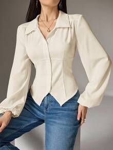 Heiryn Women's Solid Color Lantern Sleeve Single-Breasted Shirt With Waist Tie Long Sleeve Blouse Cream Blouse Cinched Waist Top - Apricot - View 2