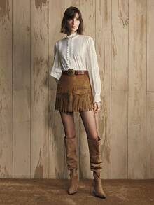 Arave Damen Gewebter einfarbiger Baumwollstoff Cut Out Trichter Kragen Rüschen Saum Patchwork Design Lässig Pendler Damen Pullover Top