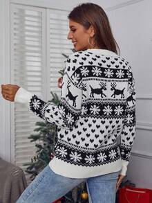 EMERY ROSE Women's Reindeer Pattern Drop Shoulder Sweater,White And Black,Autumn,Casual,Everyday Christmas Pullover Jumper,Winter Cute Tops For Woman - White - View 2