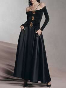Briarwyn Women's Off Shoulder Long Sleeve Metal Decor Flared Dress,Black N Gold,Autumn,Elegant,Dining,Luxurious Old Money Style Halloween Christmas Costume - Black - View 1