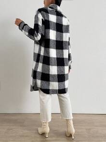 Chiquease Women's Plaid Drop Shoulder Long Sleeve Single-Breasted Casual Fleece Jacket, Autumn/Winter - Black and White - View 2