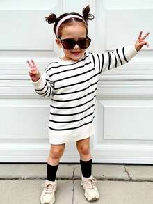 女婴简约条纹长裙，休闲外出皆宜 - 白色 - 查看 7