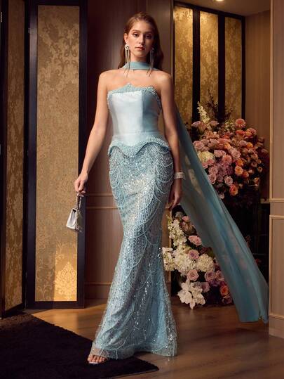 MOTF VESTIDO DE FIESTA LARGO DE SIRENA PARA MUJER CON ESCOTE CORAZÓN ADORNADO CON PERLAS FALSAS, CUELLO PALABRA DE HONOR Y CORBATA DESMONTABLE CON CUENTAS DE SATÉN - AJUSTADO EN EL TORSO, CORDONES EN LA ESPALDA Y CAPA TRANSPARENTE PARA EVENTOS FORMALES, GALAS Y BODAS, COMBINAR CON JOYAS LLAMATIVAS Y TACONES DE TIRAS