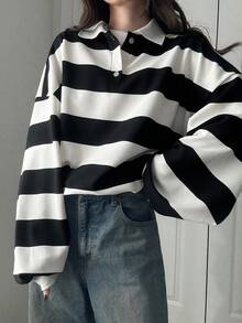 FRIFUL 女士休闲宽松 Polo 领落肩长袖条纹 T 恤 - 黑與白 - 查看 4