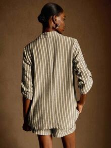 Écloséra French Retro Minimalist Commuter Casual Comfortable Linen Striped Notched Collar Single-Breasted Rolled-Up Sleeve Women Blazer - Khaki - View 2