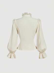 SHEIN MOD 女士撞色蕾丝荷叶边领泡泡袖修身单排扣优雅衬衫 - 杏色 - 查看 2