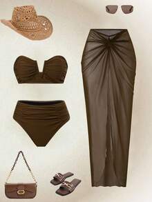 Swim Oasis 2026年春夏新款女士纯色抹胸泳衣、泳裤、网眼长裙海滩度假休闲泳装套装