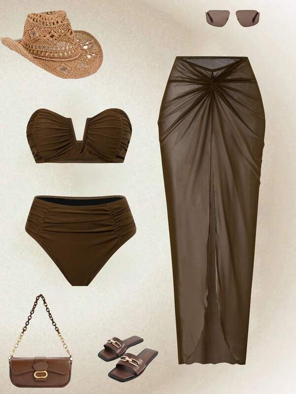 Swim Oasis Conjunto de ropa de baño de verano 2026 para mujer, incluye traje de baño bandeau de unicolor, shorts de baño y vestido maxi de malla para playa y resort