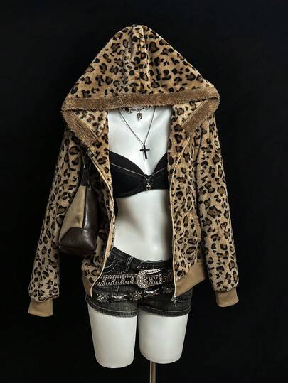 Elamini 1pc Brown Casual Cute Contrast Color Flannel Thermal Lined Printed Leopard Pattern Drawstring Hooded Soft Sweatshirt Jacket For Women, Back To School Season, Loungewear