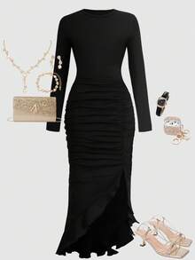 Girlism Vestido de manga larga con cuello redondo, ajustado, con abertura y volantes en el bajo, de unicolor para adolescentes