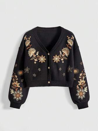 Plus Size Dark Hippie Embroidered Mystical Floral Knit Cardigan/Winter