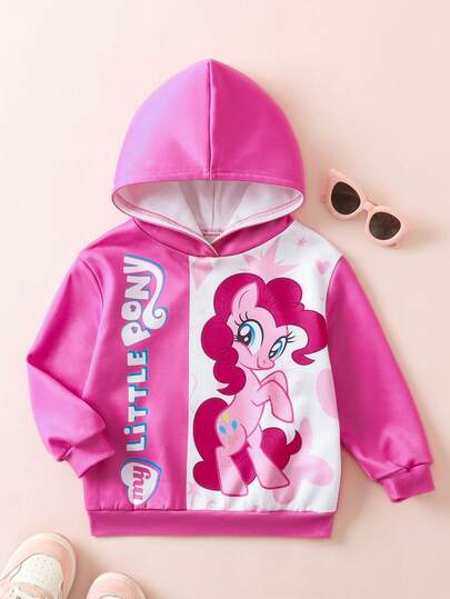 My Little Pony X SHEIN Young Girl Sweet & Cute Pinny Letter Graphic Drop Shoulder Hooded Long Sleeve Knit Casual Sweatshirt