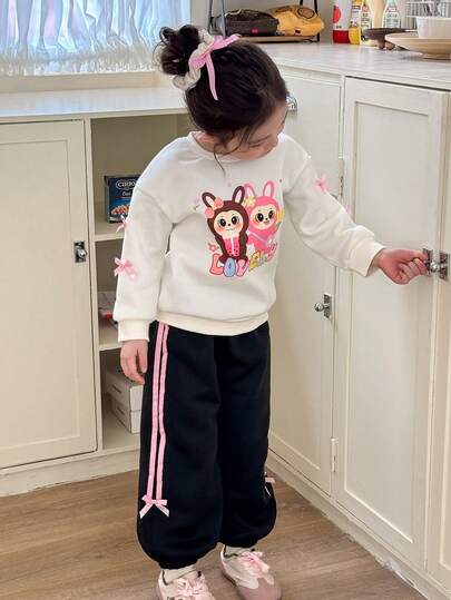 Genkimix Kids 2pcs/Set Young Girls Bow Decor Cartoon Graphic Fleece Sweatshirt + Joggers,  Winter Sport Outfits