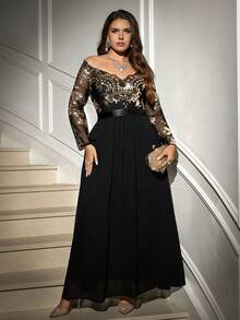 SHEIN Clasi Plus Size Women Floral Patchwork Sequin Mesh Off-Shoulder Long Sleeve Elegant Dress
