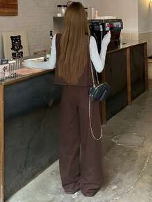 DAZY Women's Casual Denim Sleeveless Top And Pants Set, Autumn/Winter - Coffee Brown - View 2