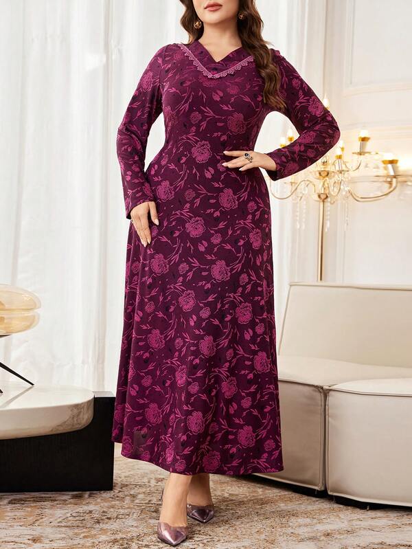 Al Najma Plus Size Long Sleeve Floral Print Lace Trim Dress For Women