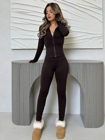 Jemour Black Two Pieces Set Sportswear Zip Up Jacket & Leggings