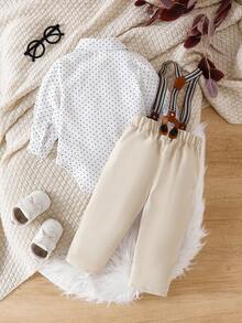 SHEIN Set 2 buc cămașă cu mânecă lungă și pantaloni cu pieptăn pentru bebeluși băieți, cu buline