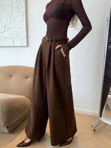 Easowa Quần dài ống đứng dành cho nữ, chất liệu vải màu nâu, có túi và kiểu dáng mở phía trước, phù hợp cho đi làm, công sở và phong cách thời trang thành thị sành điệu. - Màu nâu  Mocha - Xem 3