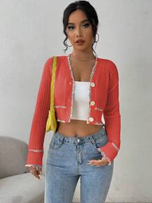 Chiquease Women's Casual Contrast Trim Cropped Cardigan, Autumn - Red - View 6